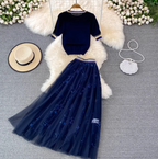 Crew-neck Sweater & Star Sequined Skirt 2Pcs