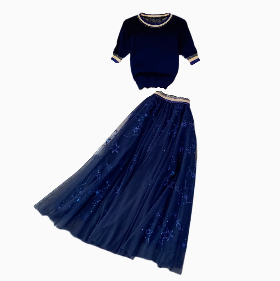 Crew-neck Sweater & Star Sequined Skirt 2Pcs