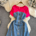 Elastic Drawstring Patchwork Denim Dress
