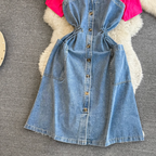 Elastic Drawstring Patchwork Denim Dress