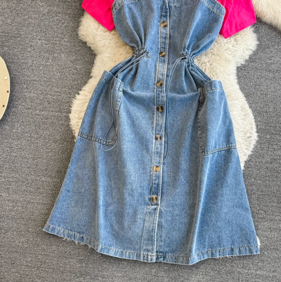 Elastic Drawstring Patchwork Denim Dress