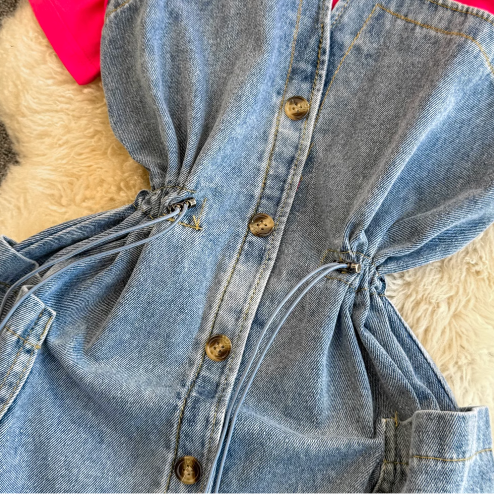 Elastic Drawstring Patchwork Denim Dress
