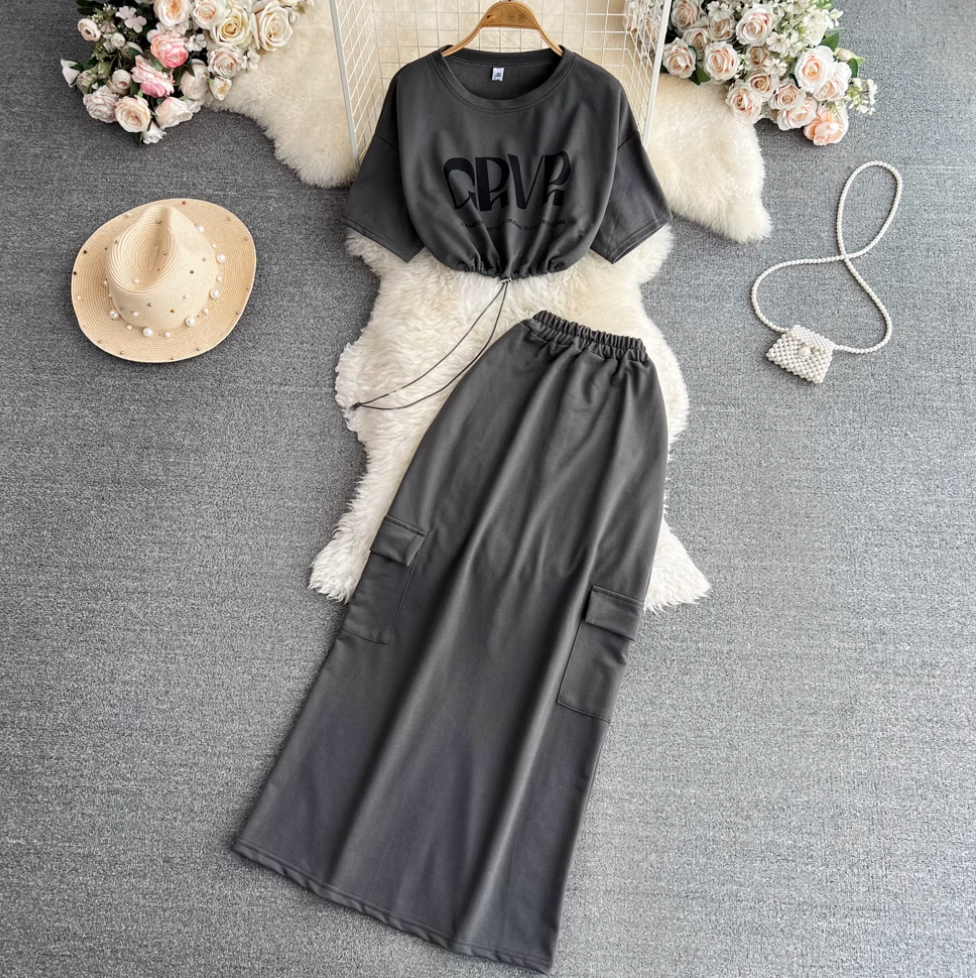Monogrammed Drawstring Top & Split Skirt 2Pcs