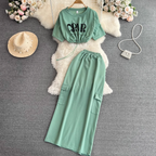 Monogrammed Drawstring Top & Split Skirt 2Pcs