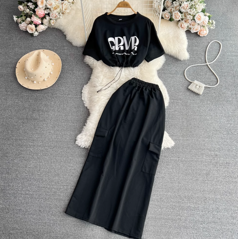 Monogrammed Drawstring Top & Split Skirt 2Pcs