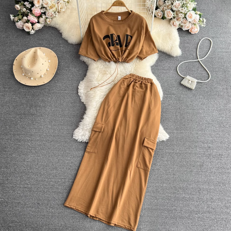Monogrammed Drawstring Top & Split Skirt 2Pcs