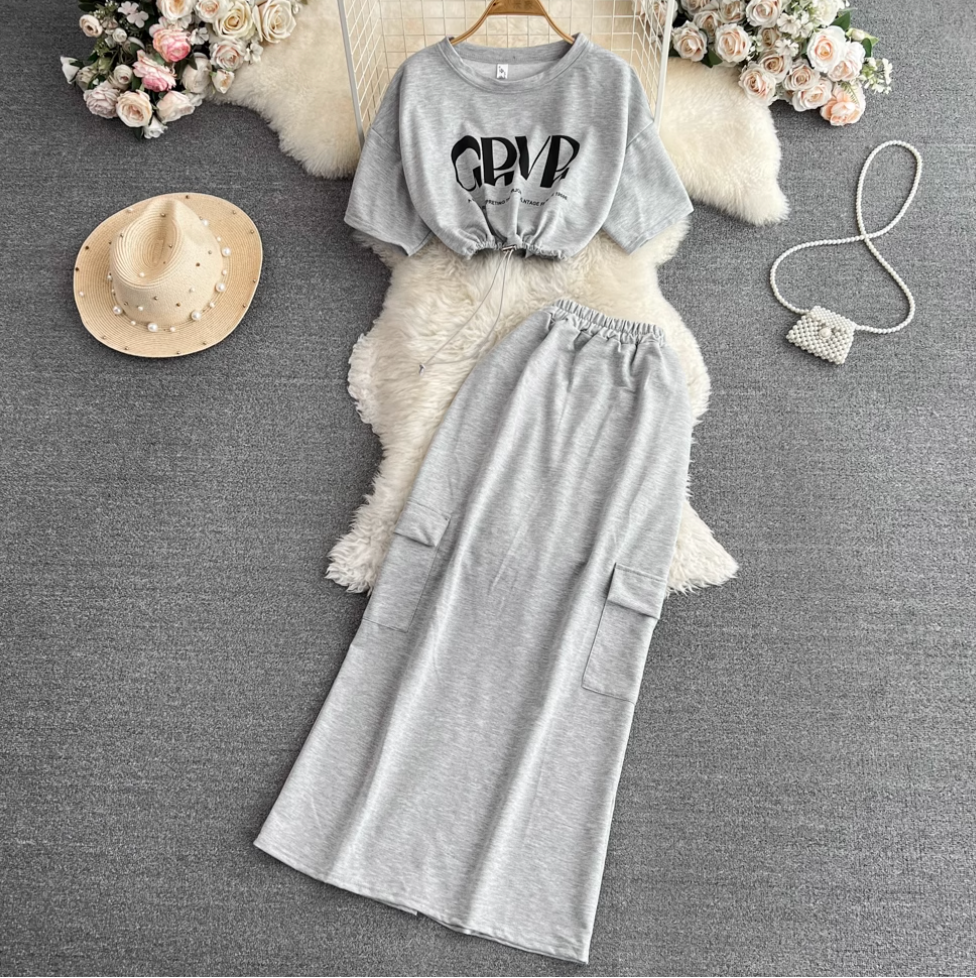 Monogrammed Drawstring Top & Split Skirt 2Pcs