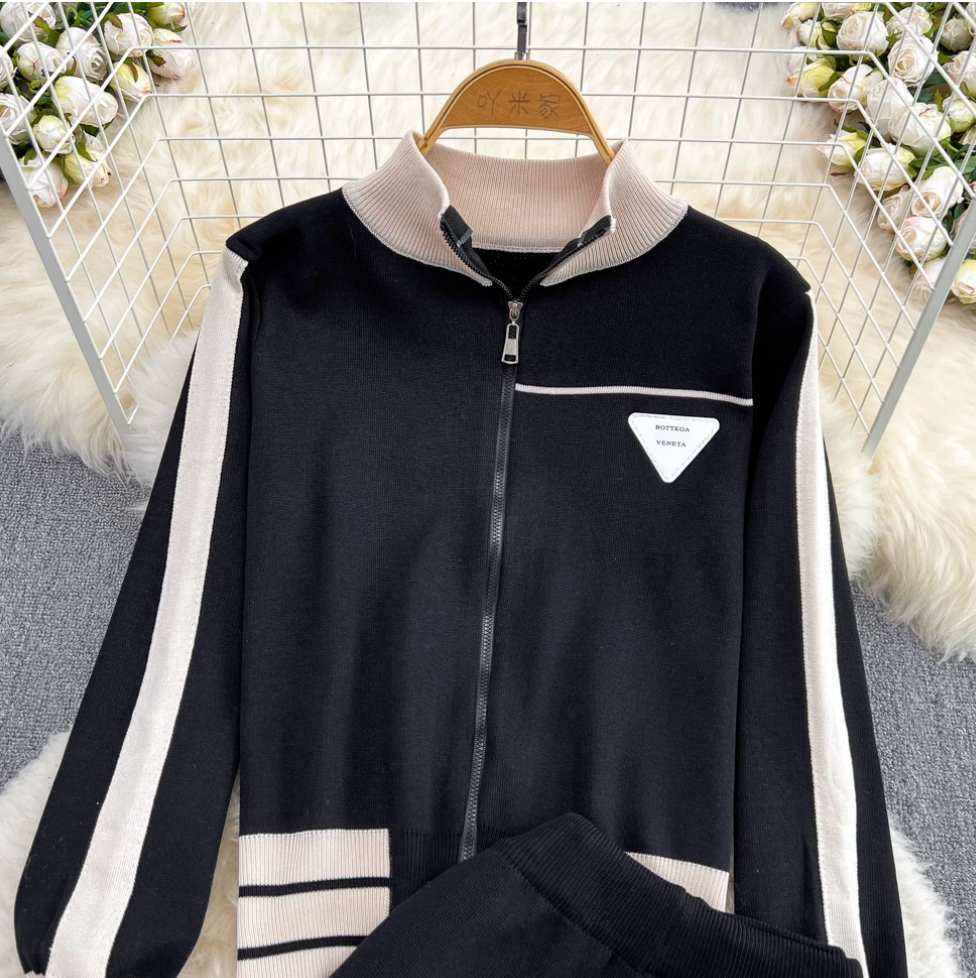 Stand Collar Cardigan & Trousers Casual 2Pcs