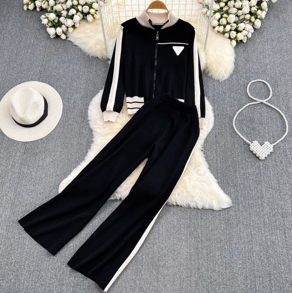 Stand Collar Cardigan & Trousers Casual 2Pcs