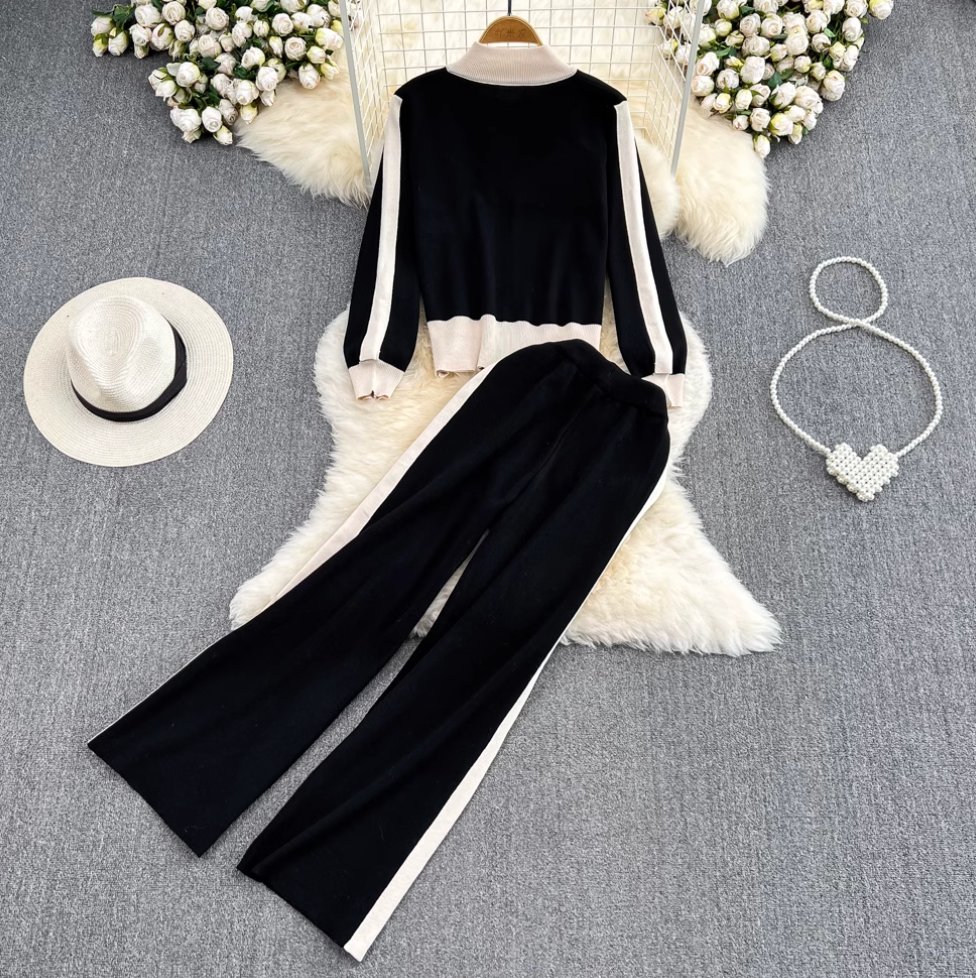 Stand Collar Cardigan & Trousers Casual 2Pcs