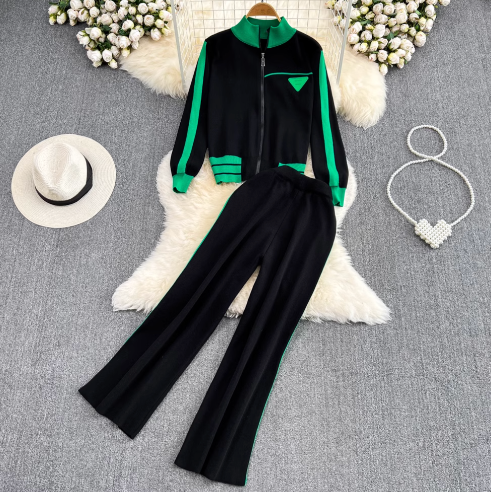 Stand Collar Cardigan & Trousers Casual 2Pcs