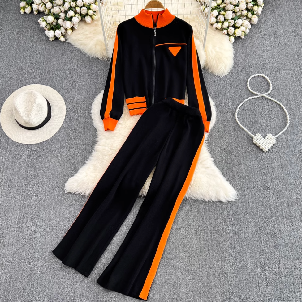 Stand Collar Cardigan & Trousers Casual 2Pcs