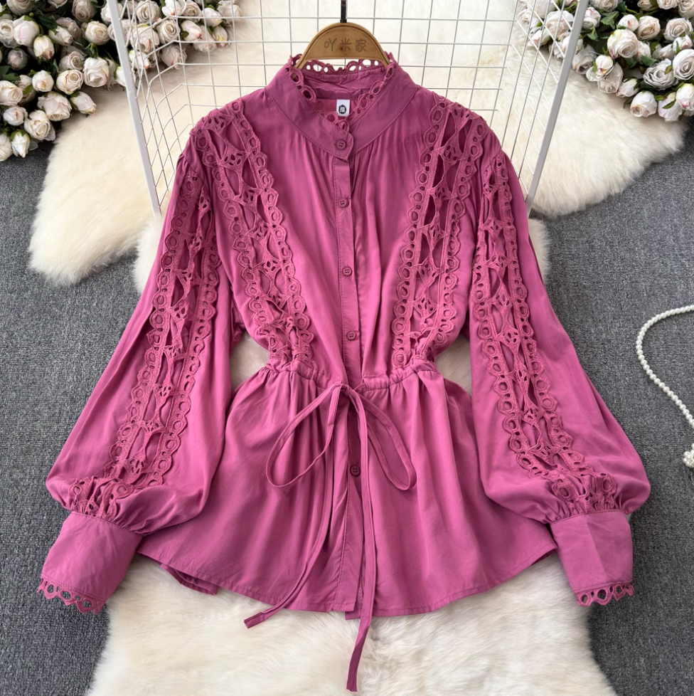 Courtly Hollowed Crochet Lace-up Shirt