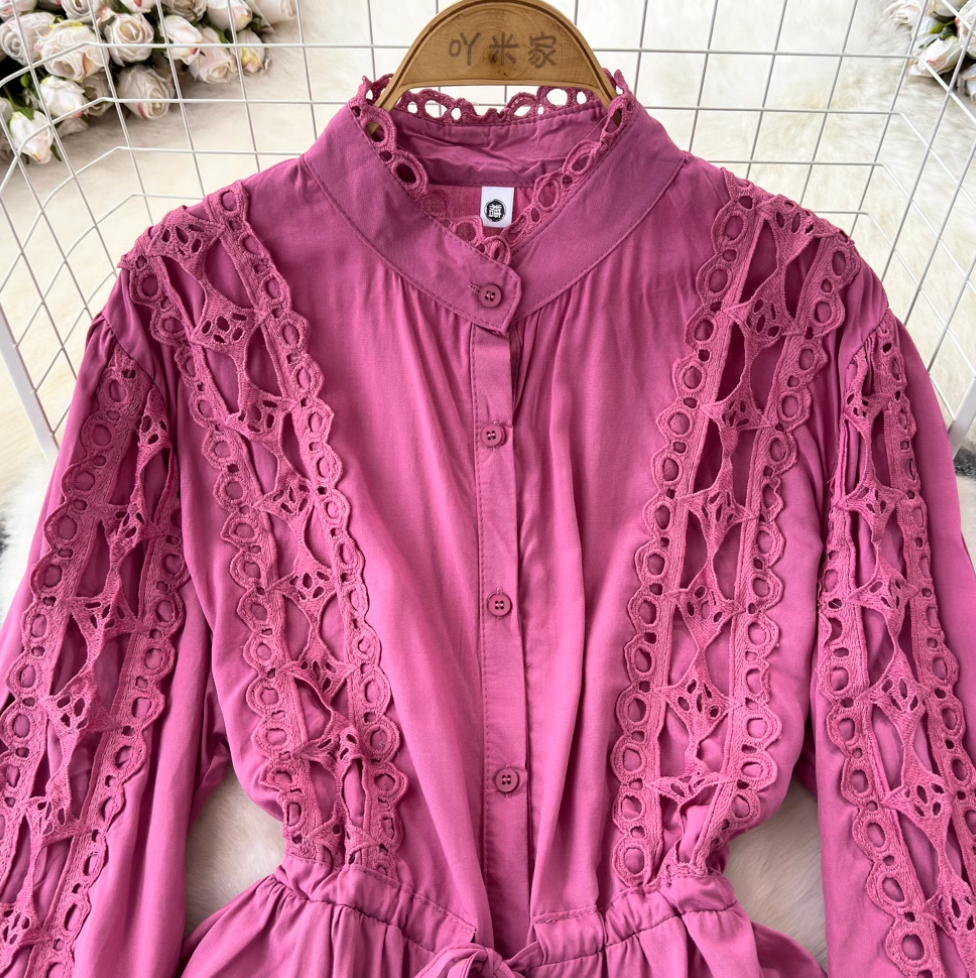 Courtly Hollowed Crochet Lace-up Shirt