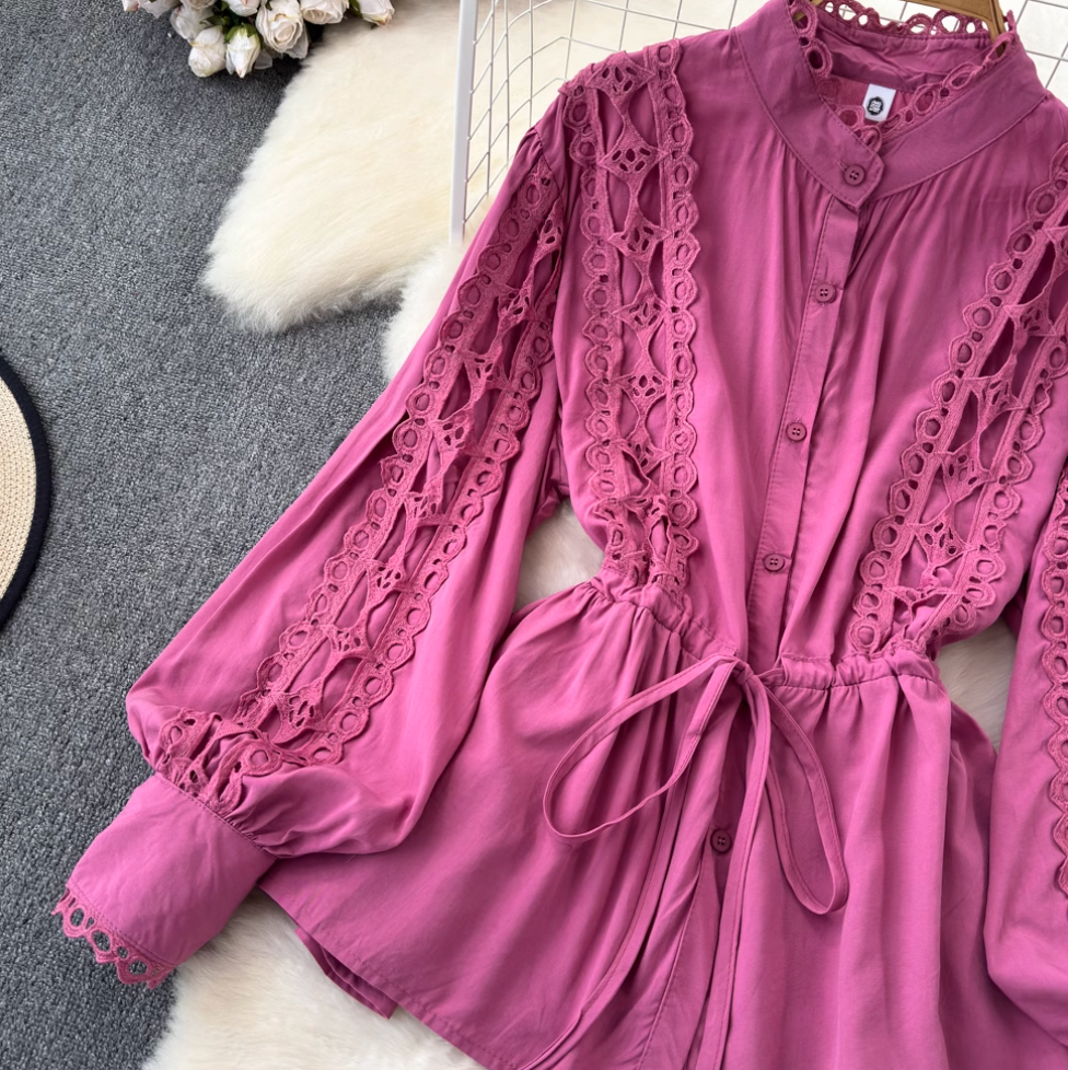 Courtly Hollowed Crochet Lace-up Shirt