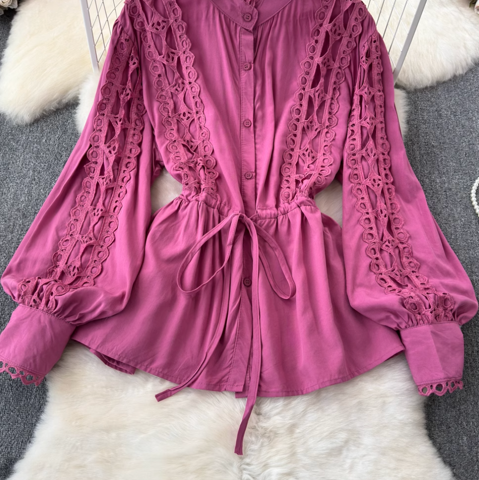 Courtly Hollowed Crochet Lace-up Shirt