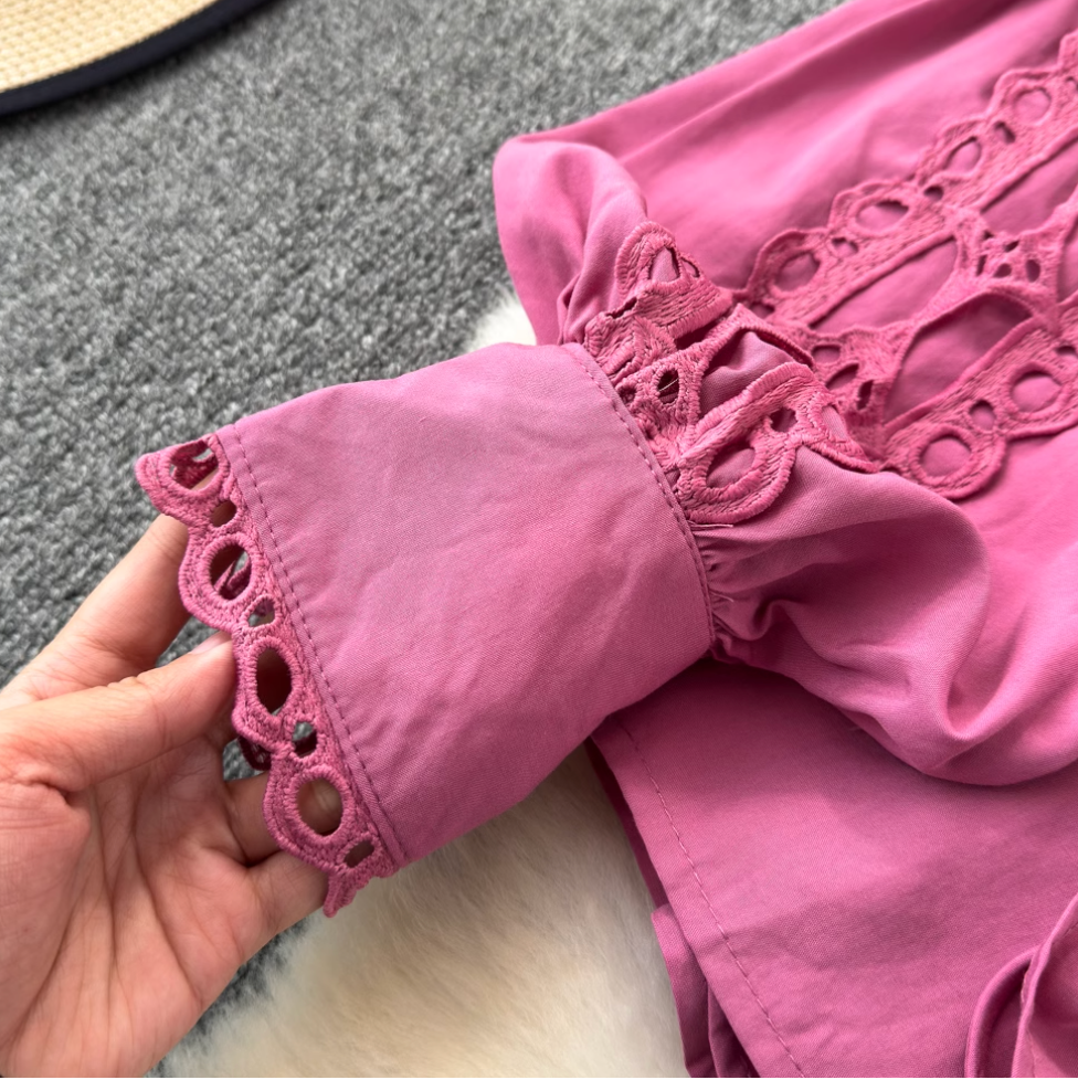 Courtly Hollowed Crochet Lace-up Shirt