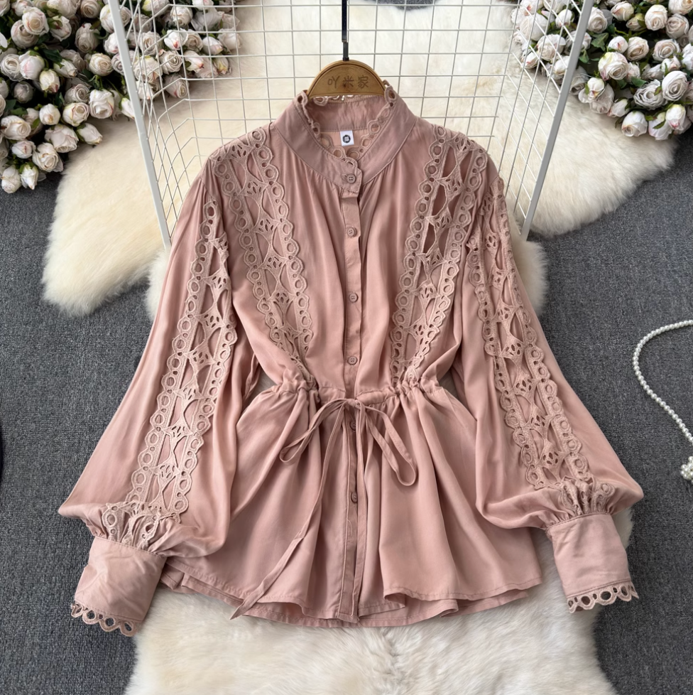 Courtly Hollowed Crochet Lace-up Shirt