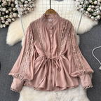 Courtly Hollowed Crochet Lace-up Shirt