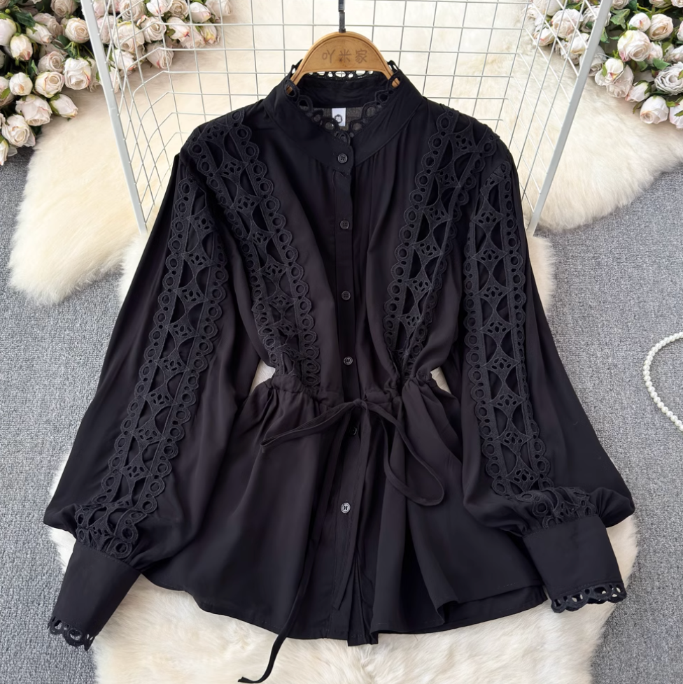 Courtly Hollowed Crochet Lace-up Shirt
