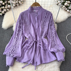 Courtly Hollowed Crochet Lace-up Shirt