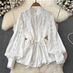 Courtly Hollowed Crochet Lace-up Shirt
