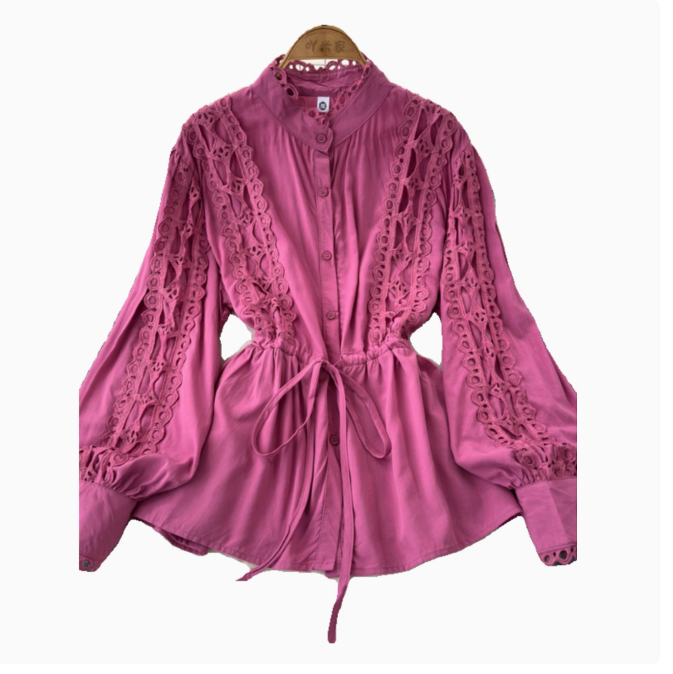Courtly Hollowed Crochet Lace-up Shirt