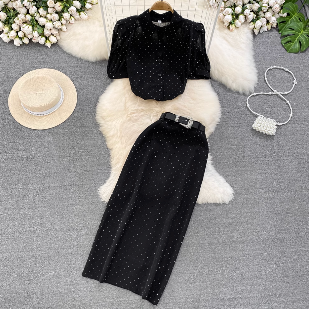 Polka Dot Shirt & Skirt Chiffon 2Pcs