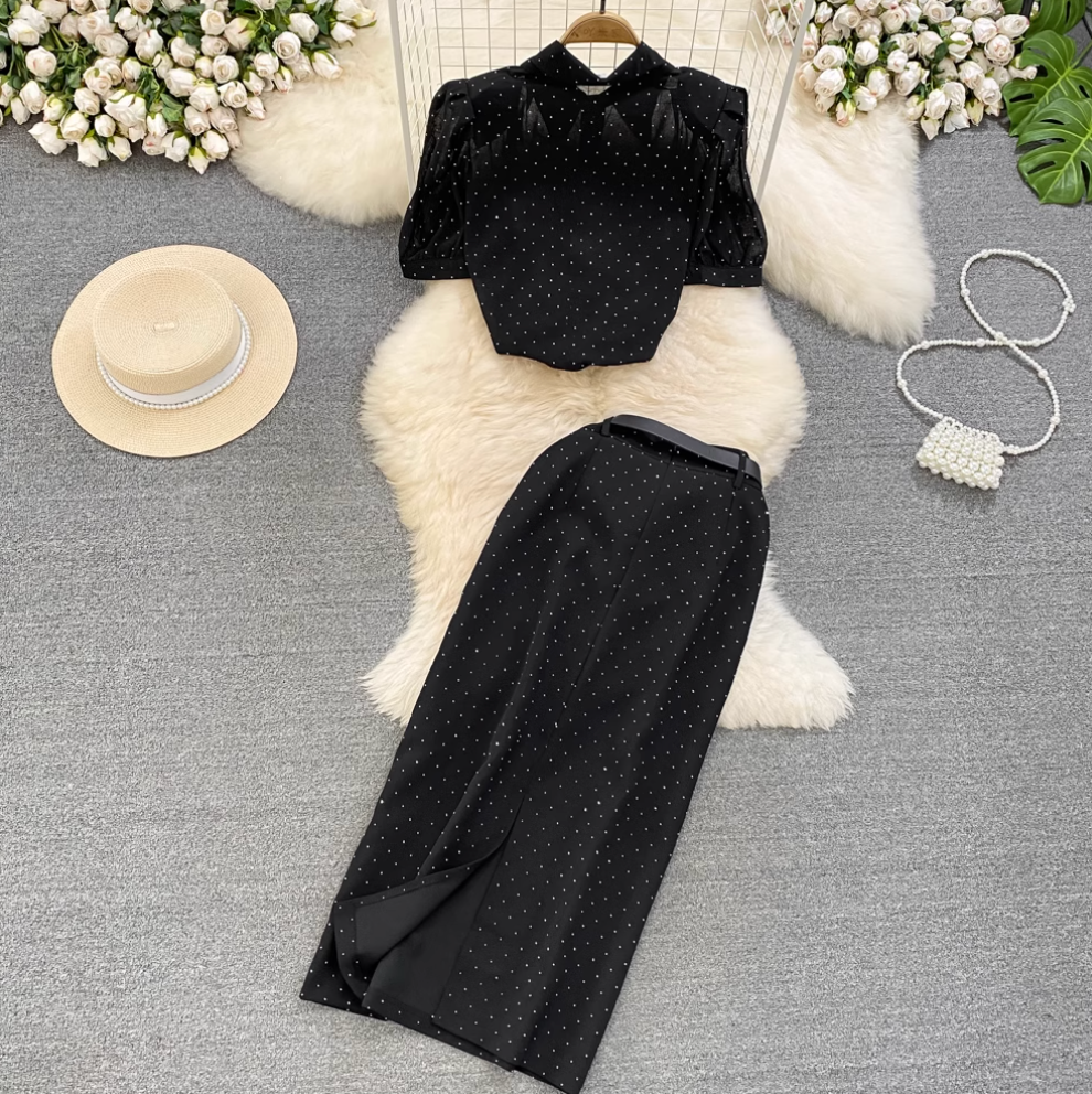 Polka Dot Shirt & Skirt Chiffon 2Pcs
