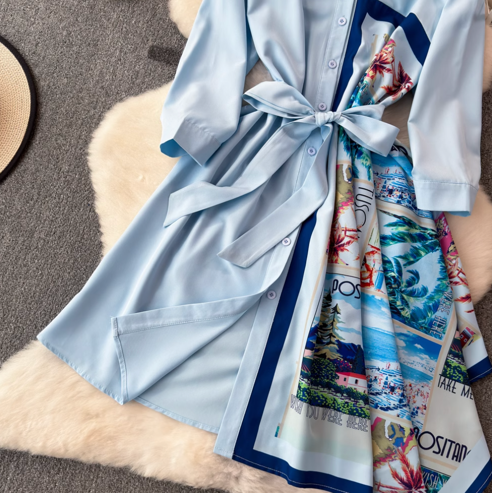 Asymmetric Painting Printed Shirt Dress