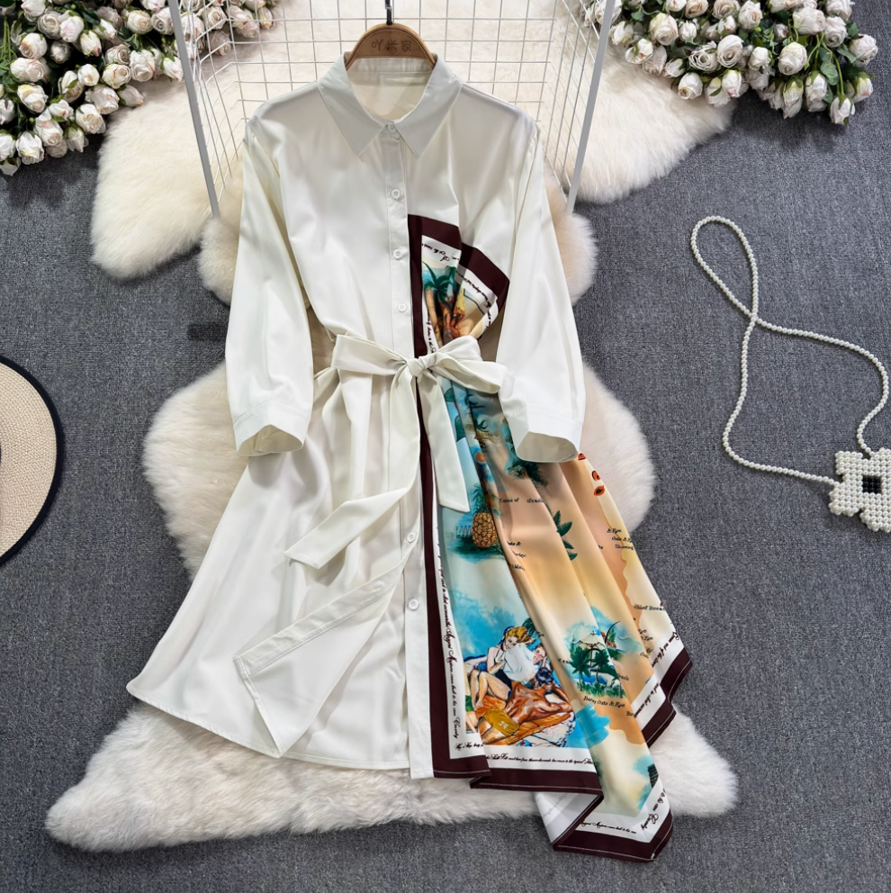Asymmetric Painting Printed Shirt Dress