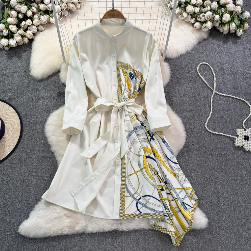Asymmetric Painting Printed Shirt Dress