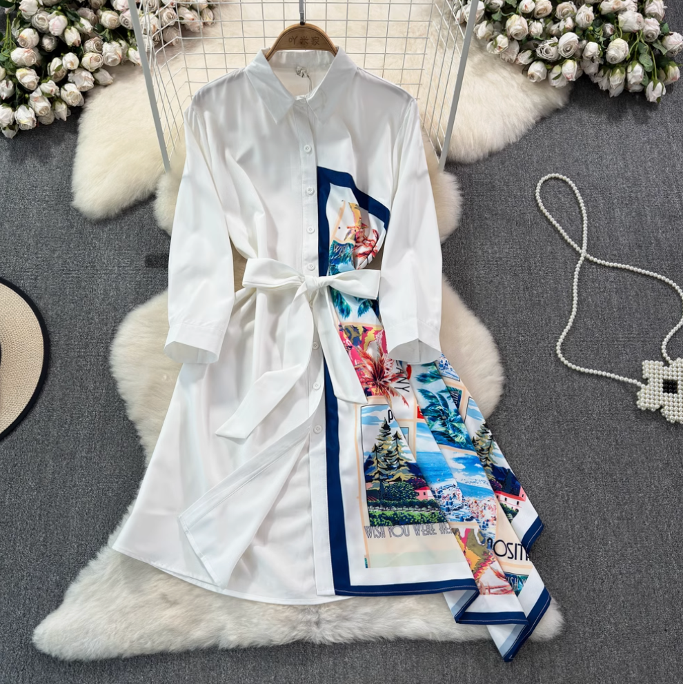 Asymmetric Painting Printed Shirt Dress