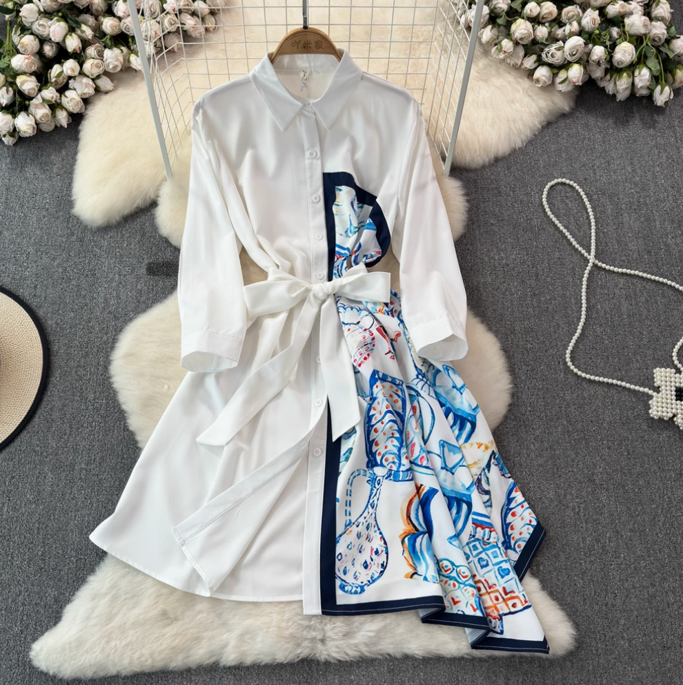Asymmetric Painting Printed Shirt Dress