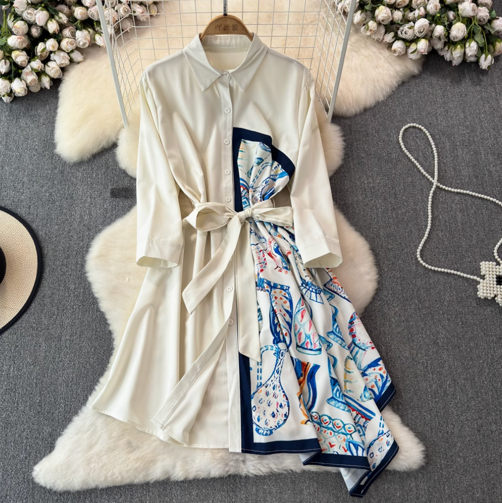 Asymmetric Painting Printed Shirt Dress