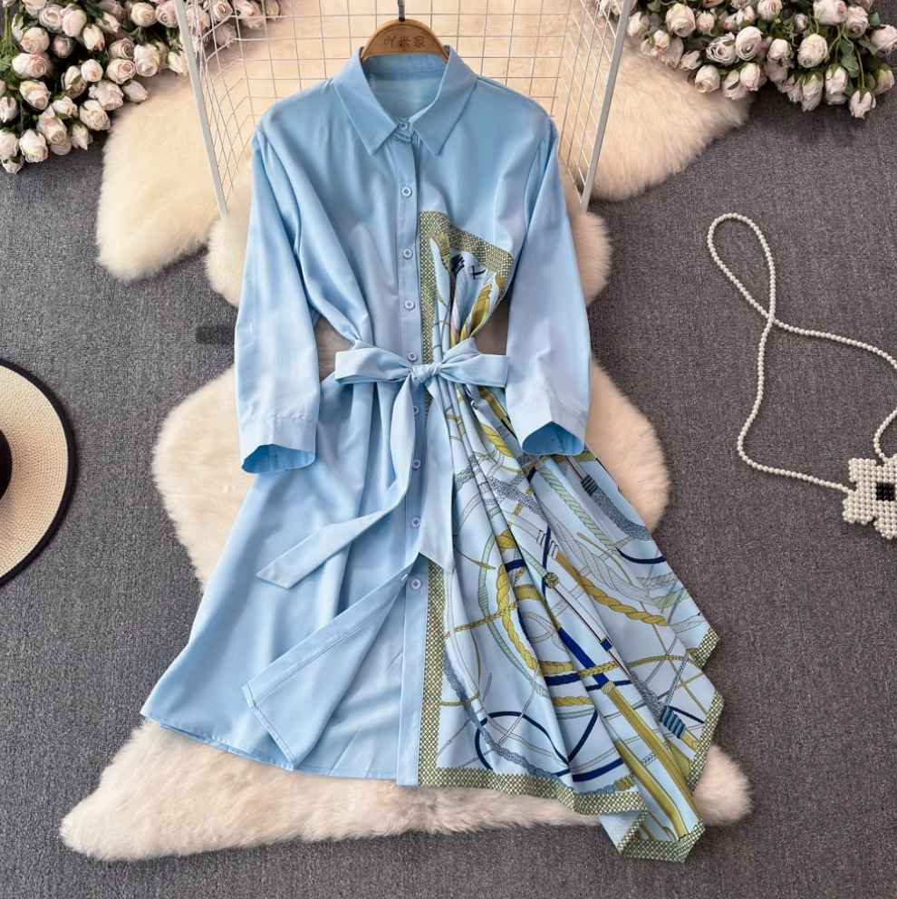 Asymmetric Painting Printed Shirt Dress