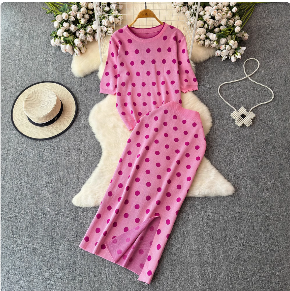 Polka Dot Sweater & Half-body Skirt 2Pcs