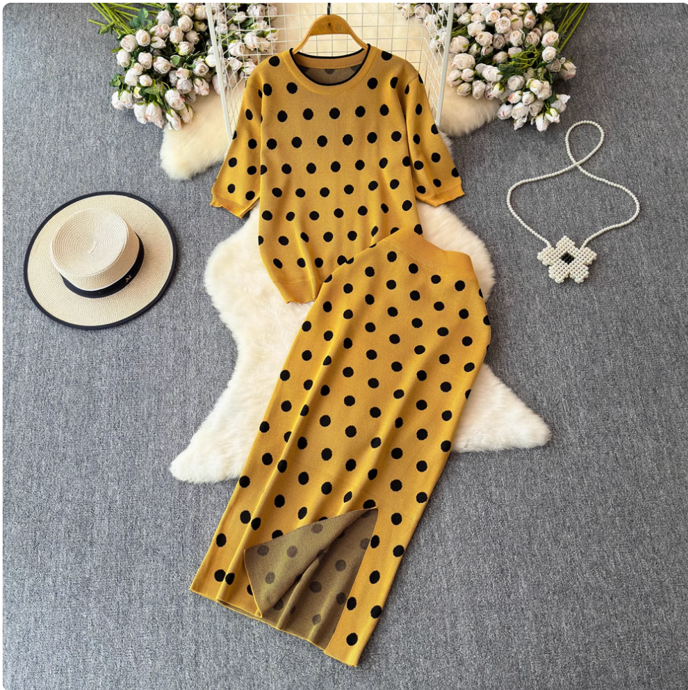 Polka Dot Sweater & Half-body Skirt 2Pcs