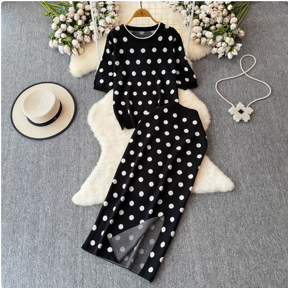Polka Dot Sweater & Half-body Skirt 2Pcs