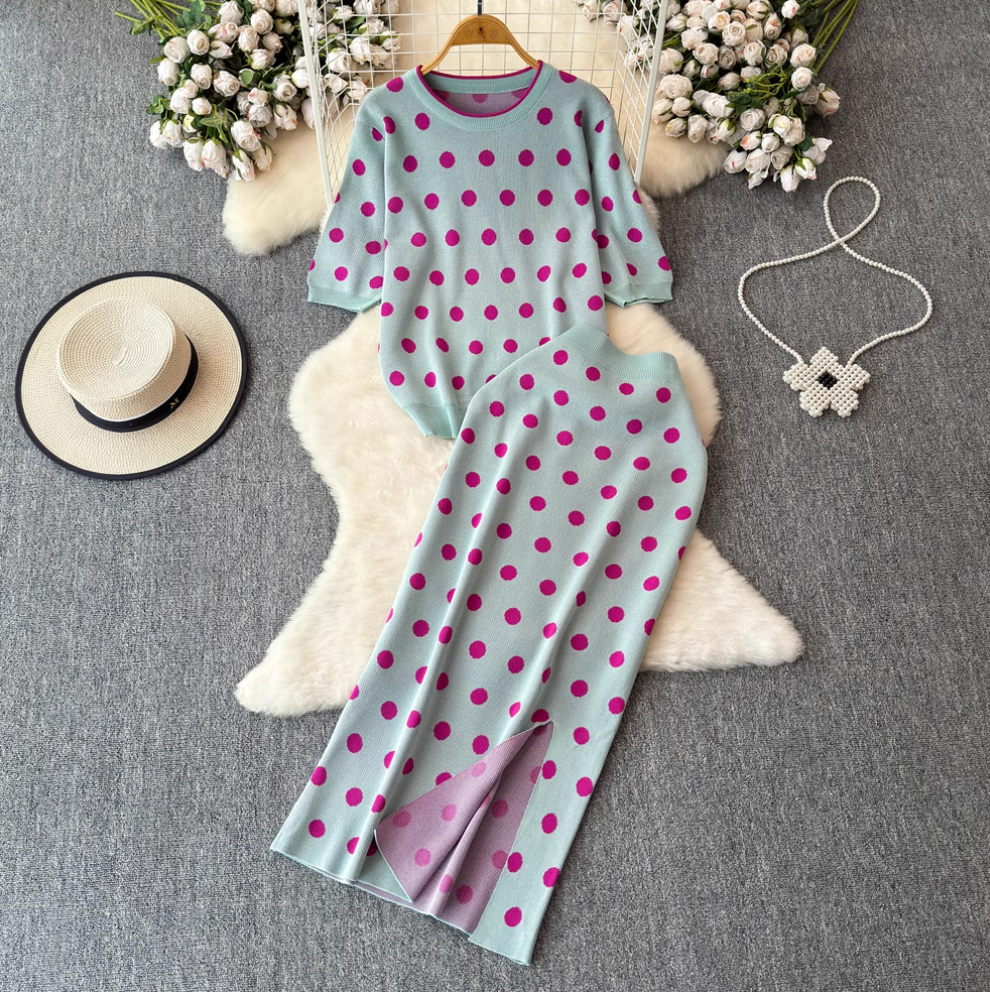 Polka Dot Sweater & Half-body Skirt 2Pcs