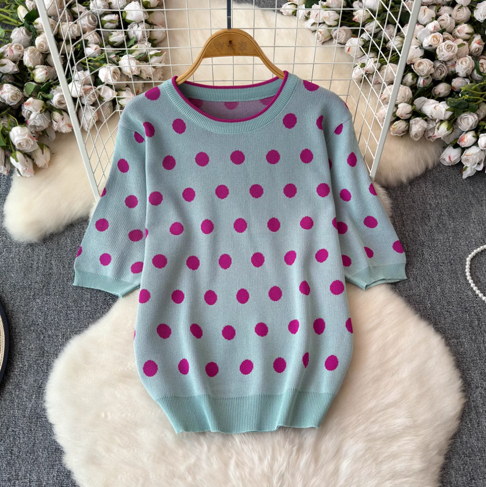 Polka Dot Sweater & Half-body Skirt 2Pcs