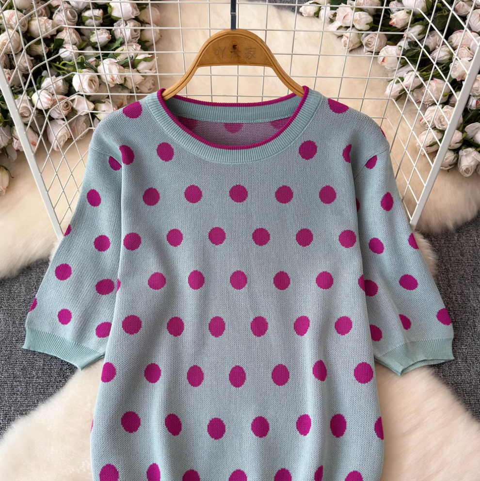 Polka Dot Sweater & Half-body Skirt 2Pcs