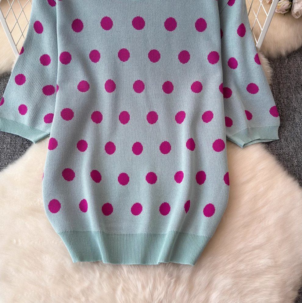 Polka Dot Sweater & Half-body Skirt 2Pcs