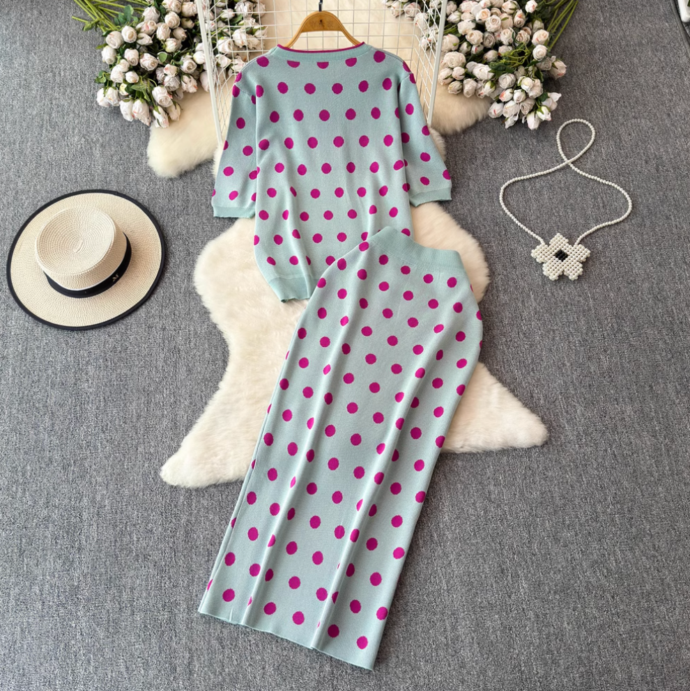 Polka Dot Sweater & Half-body Skirt 2Pcs