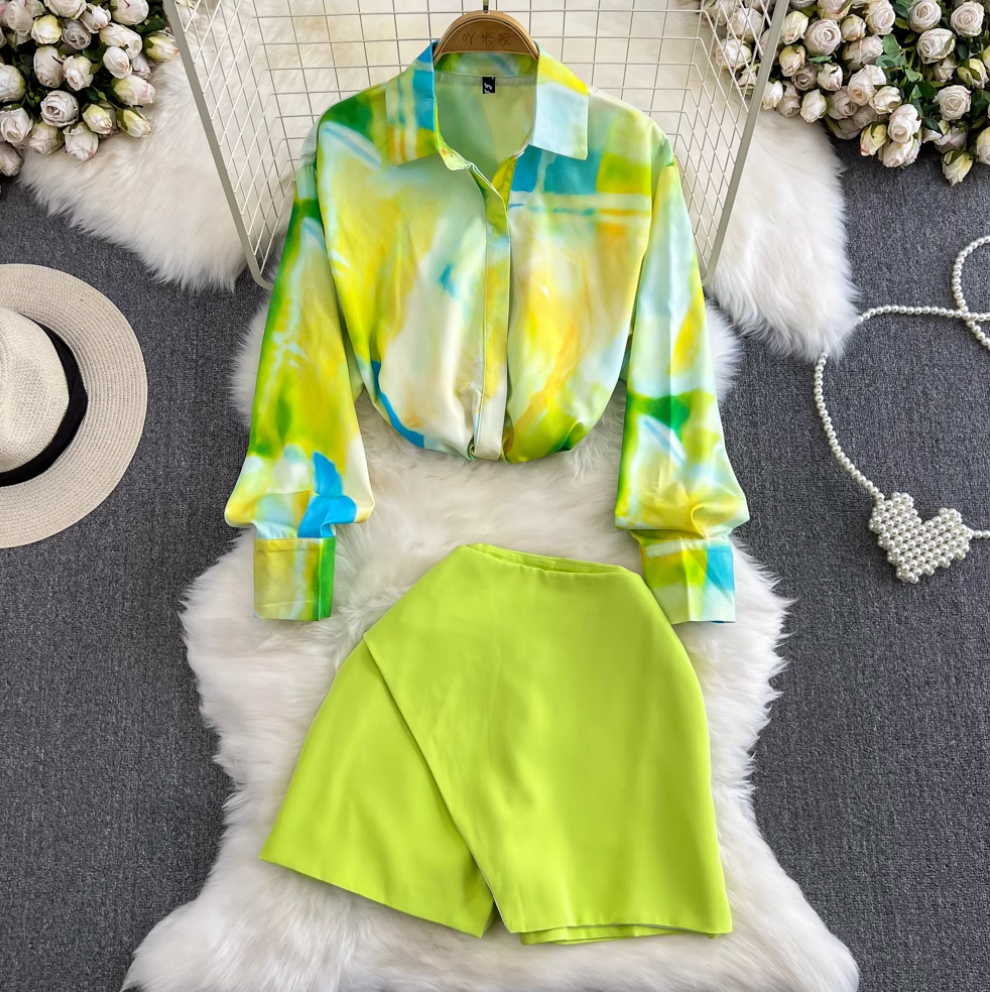Printed Shirt & Green Shorts 2Pcs