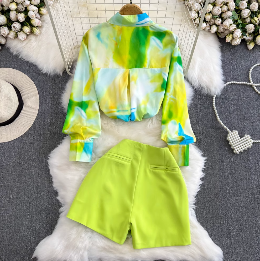 Printed Shirt & Green Shorts 2Pcs