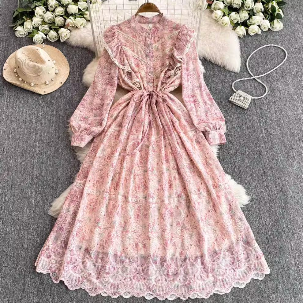 Courtly Embroidered Pink Floral Dress
