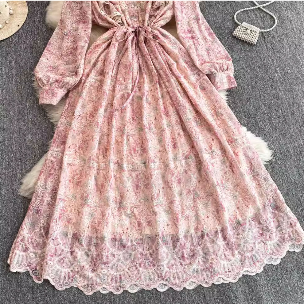 Courtly Embroidered Pink Floral Dress