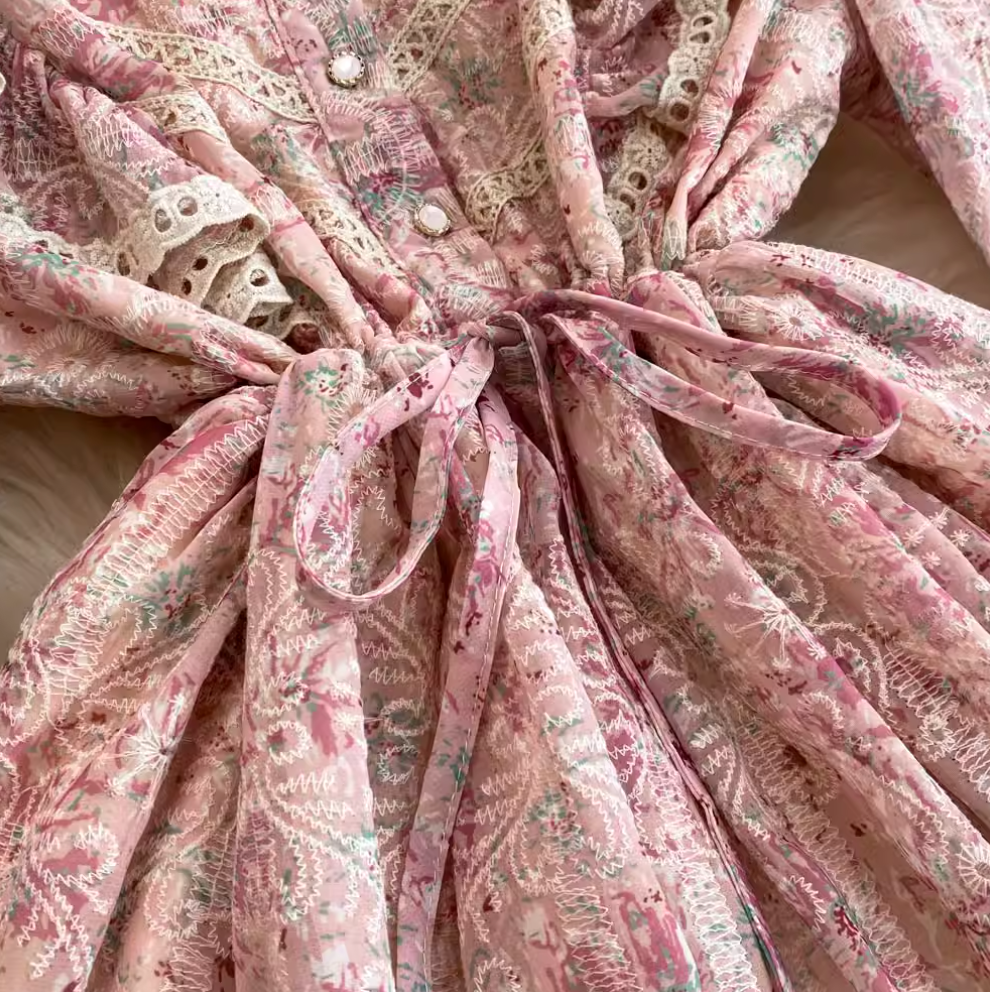 Courtly Embroidered Pink Floral Dress