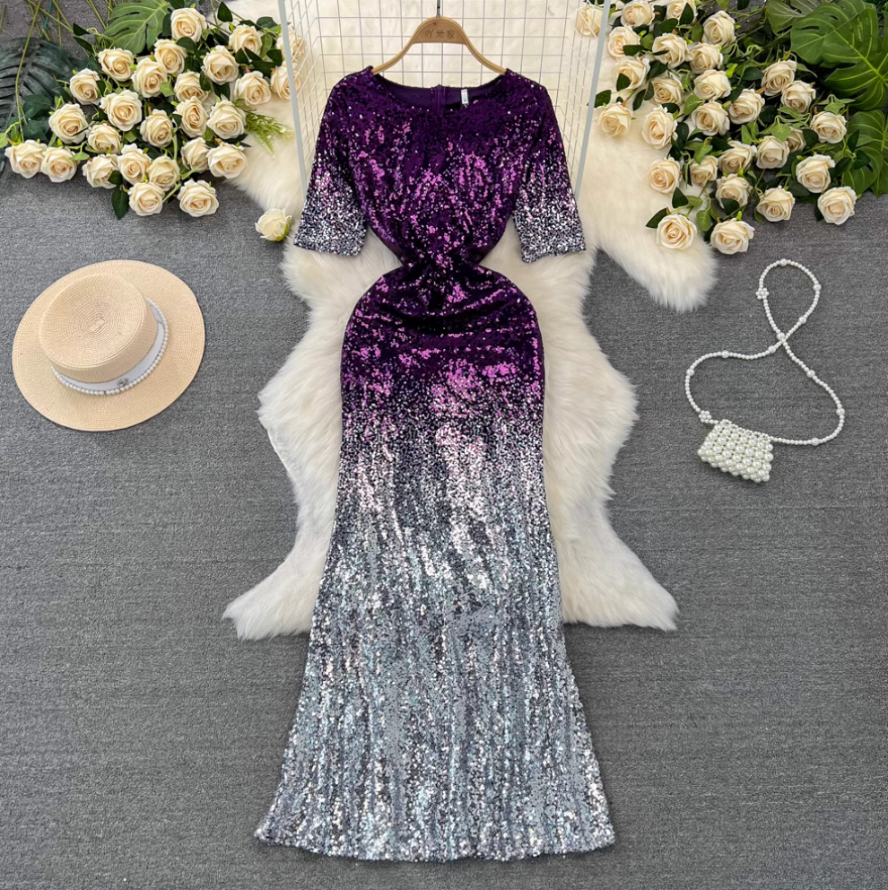 Gradient Color Sequined Fishtail Dress